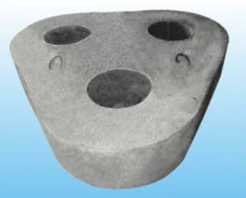 Tapered precast refractory roof centre block with three electrode ports for an electric arc furnace