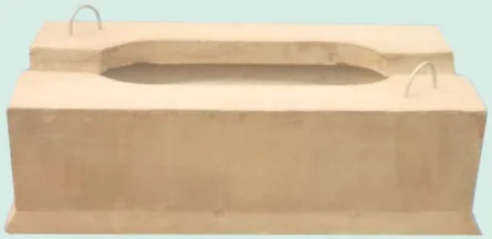 Elongated precast tundish flow-control block with a recessed pocket and lifting loops